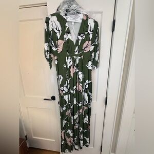 EUC RACHEL PALLY GREEN AND TAUPE floral MAXI DRESS SIZE 2x